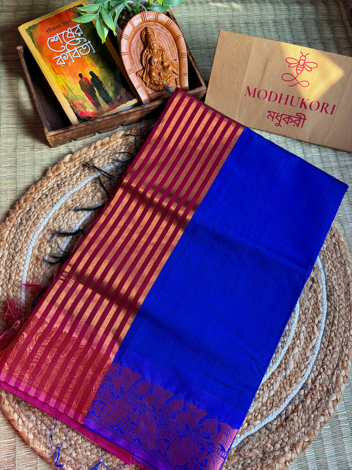 Neel-Laal- Royal Blue & Red Maheshwari Cotton Saree