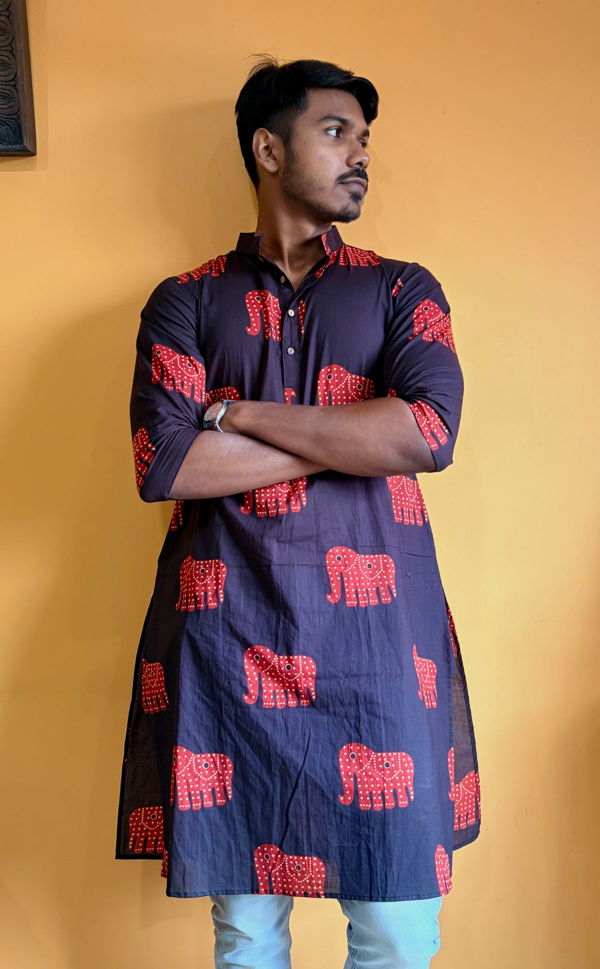 Black Heritage Elephant Cotton Kurta