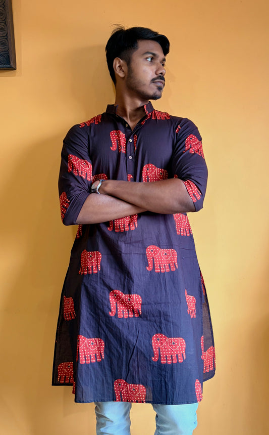 Black Heritage Elephant Cotton Kurta