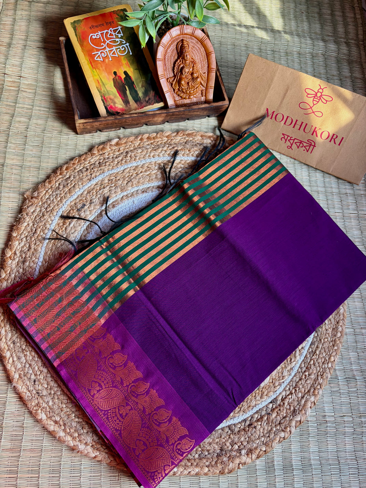 Beguni-Shobuj- Purple & Green Maheshwari Cotton Saree
