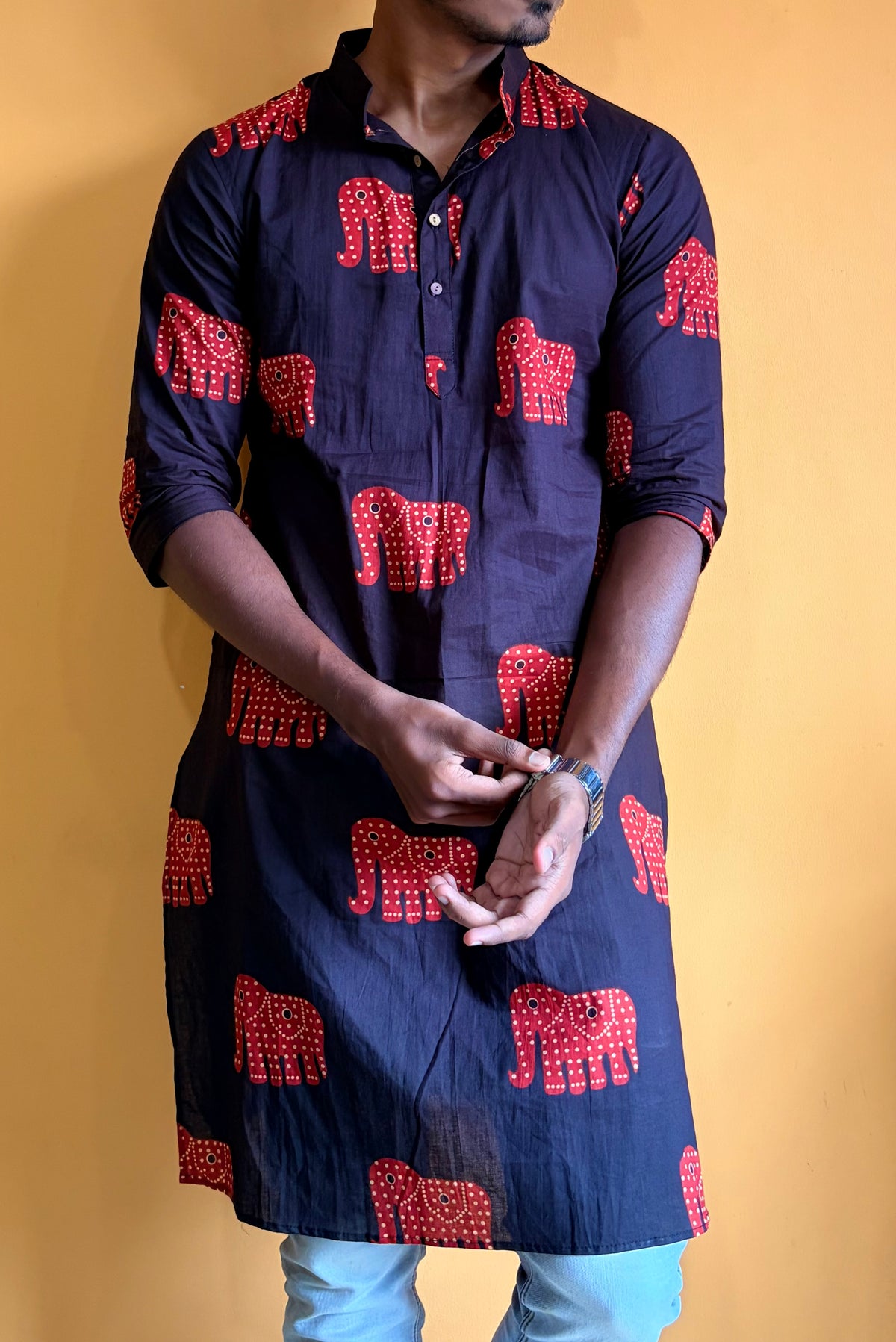 Black Heritage Elephant Cotton Kurta