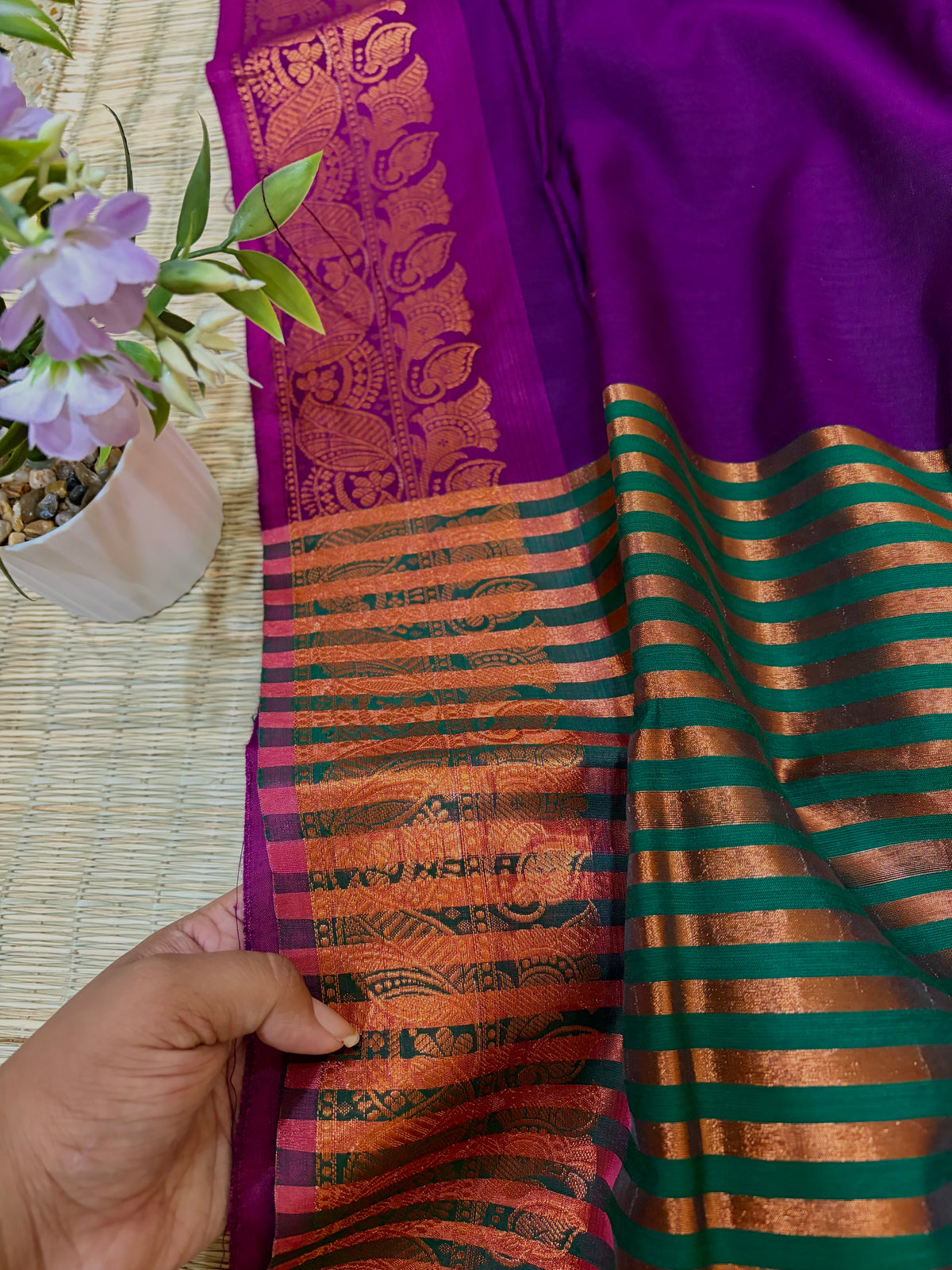 Beguni-Shobuj- Purple & Green Maheshwari Cotton Saree