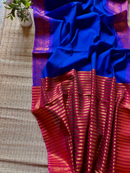 Neel-Laal- Royal Blue & Red Maheshwari Cotton Saree