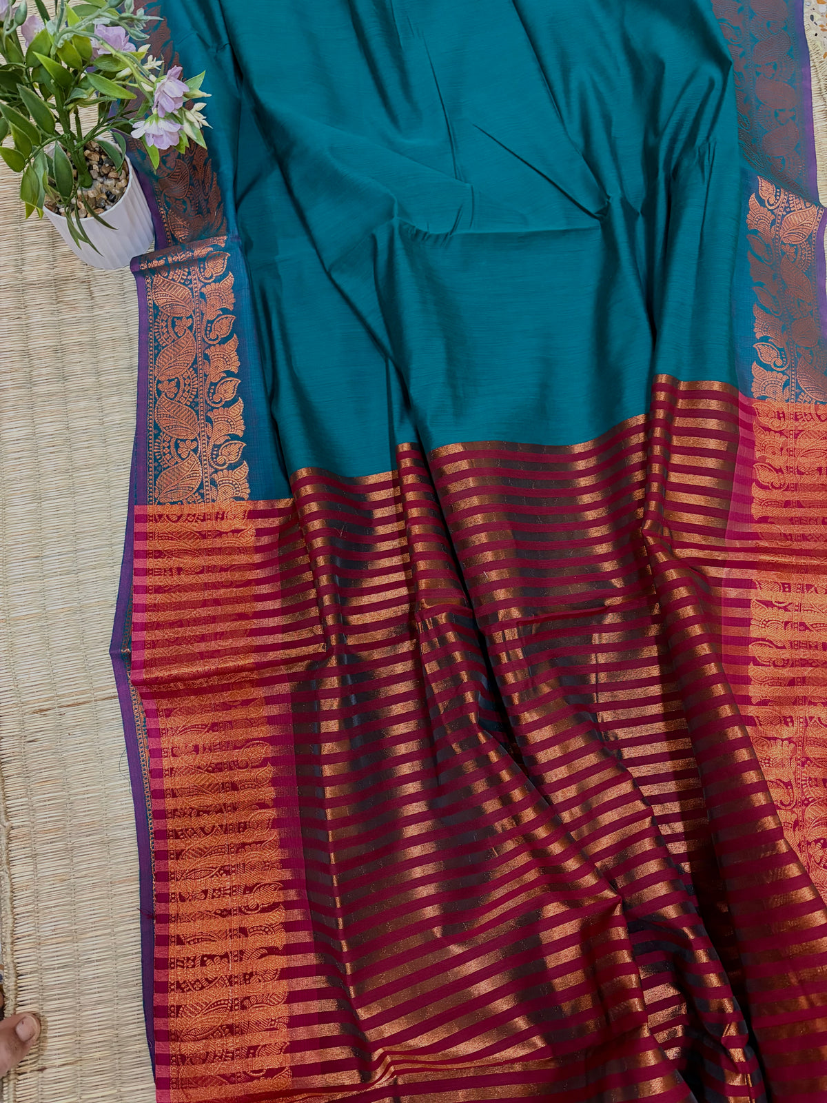 Teal-Laal- Teal Blue & Red Maheshwari Cotton Saree