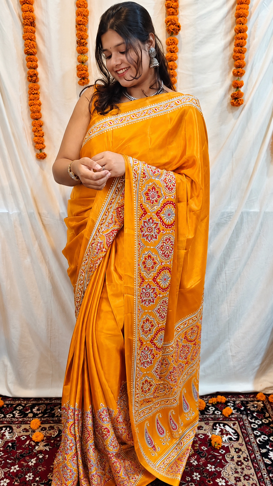 Kesariya Ajrakh- Yellow Modal Ajrakh Saree