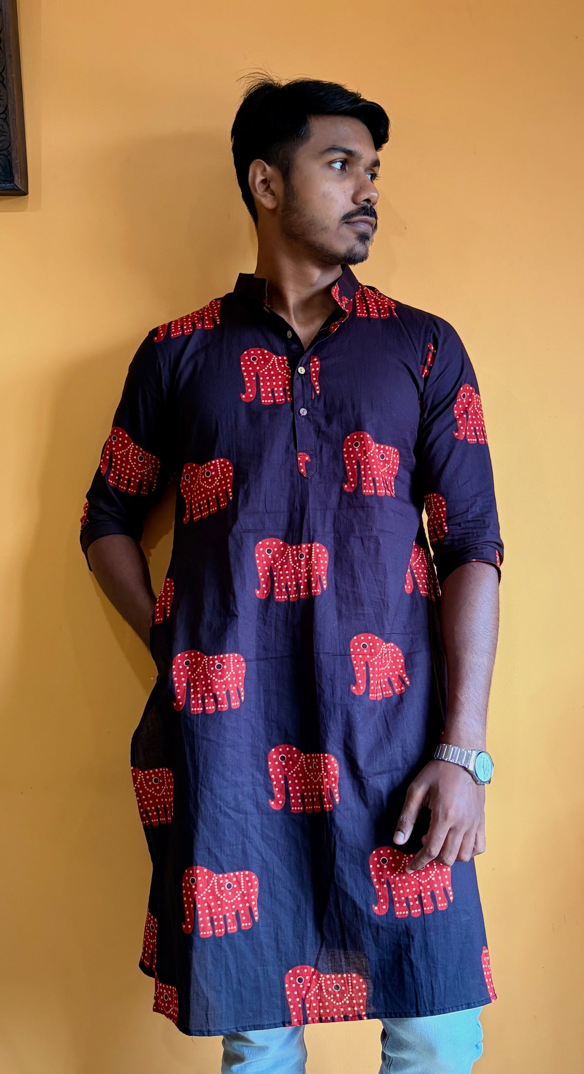 Black Heritage Elephant Cotton Kurta