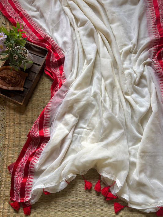 Sada laal paar Mul cotton saree