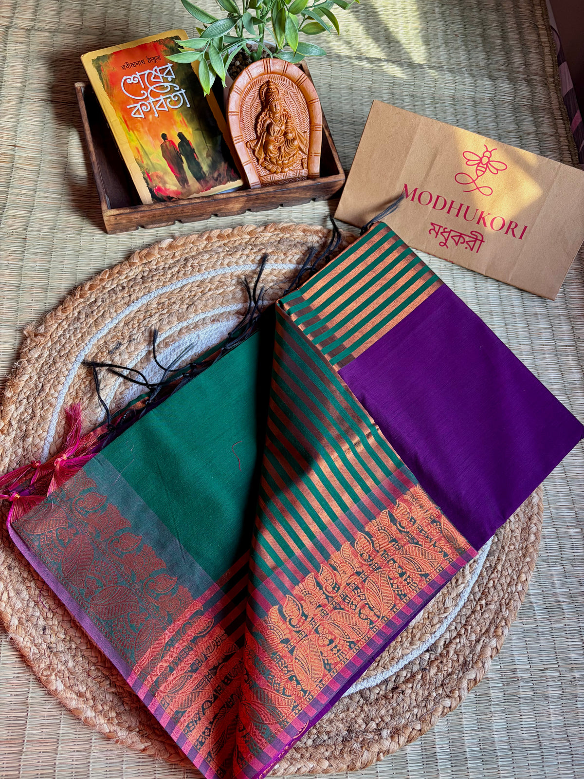 Beguni-Shobuj- Purple & Green Maheshwari Cotton Saree