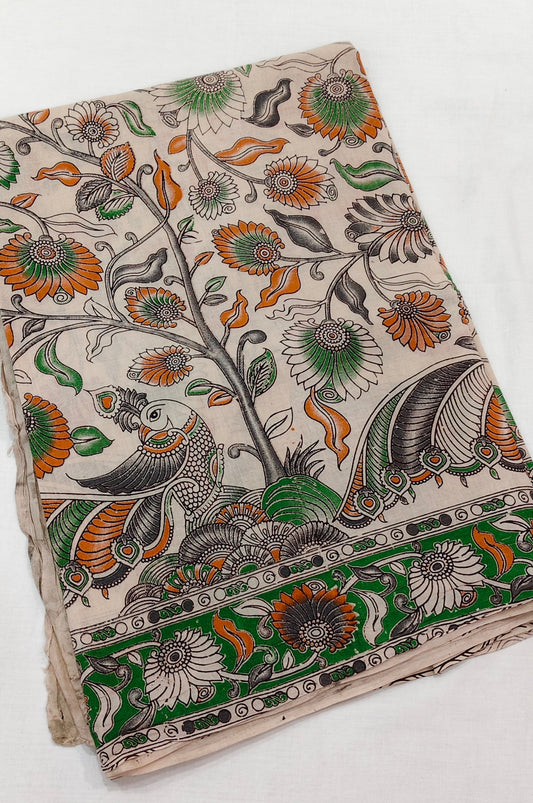 Kora-Phool (Beige & Green Kalamkari Saree)